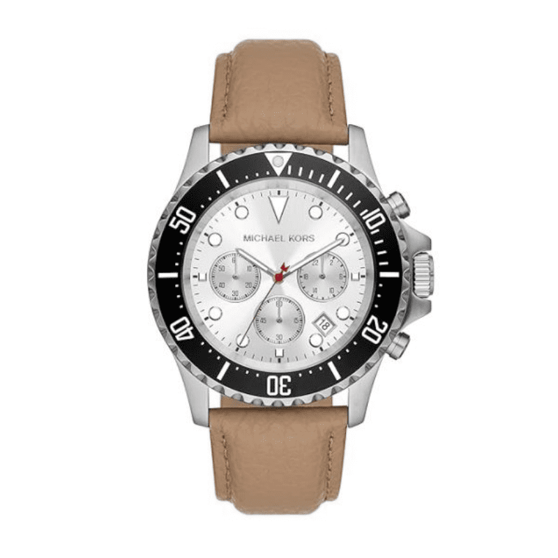 Michael Kors Everest MK9092 men's chronograph watch with white dial, black bezel, silver case, and brown leather strap
