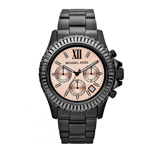 Michael Kors Everest peach dial chronograph watch with black steel bracelet and bezel