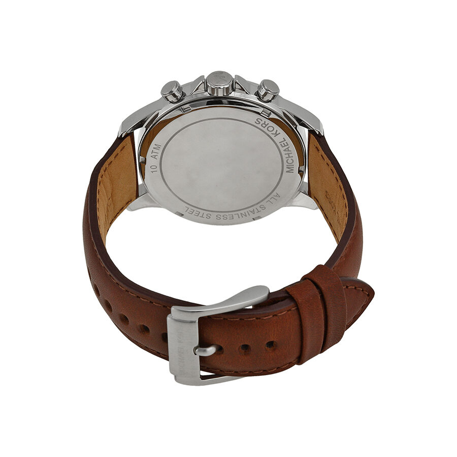 Case back of Michael Kors Gage Chronograph watch showing stainless steel with brown leather strap