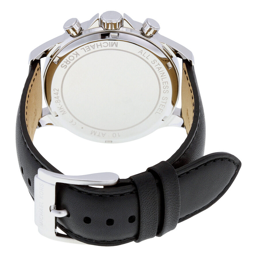 Michael Kors Gage watch caseback showing stainless steel case and black leather strap