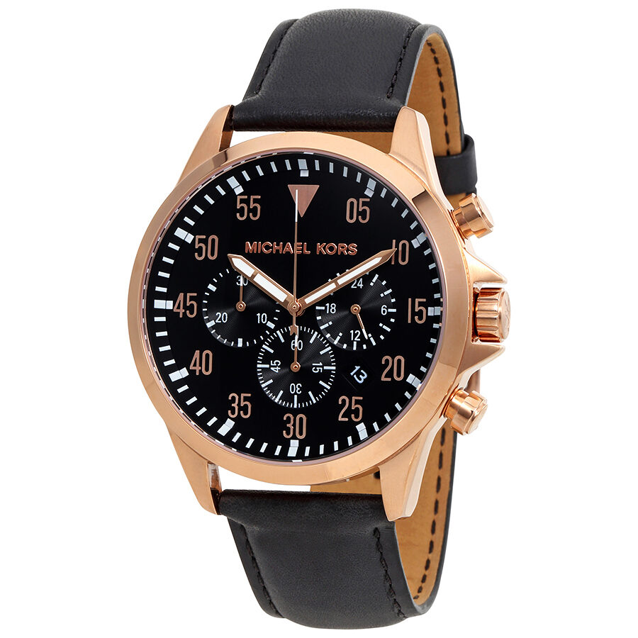Michael Kors Gage chronograph men's watch with rose gold case, black dial, and black leather strap