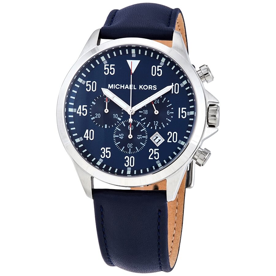 Michael Kors Gage chronograph watch with blue dial and navy leather strap