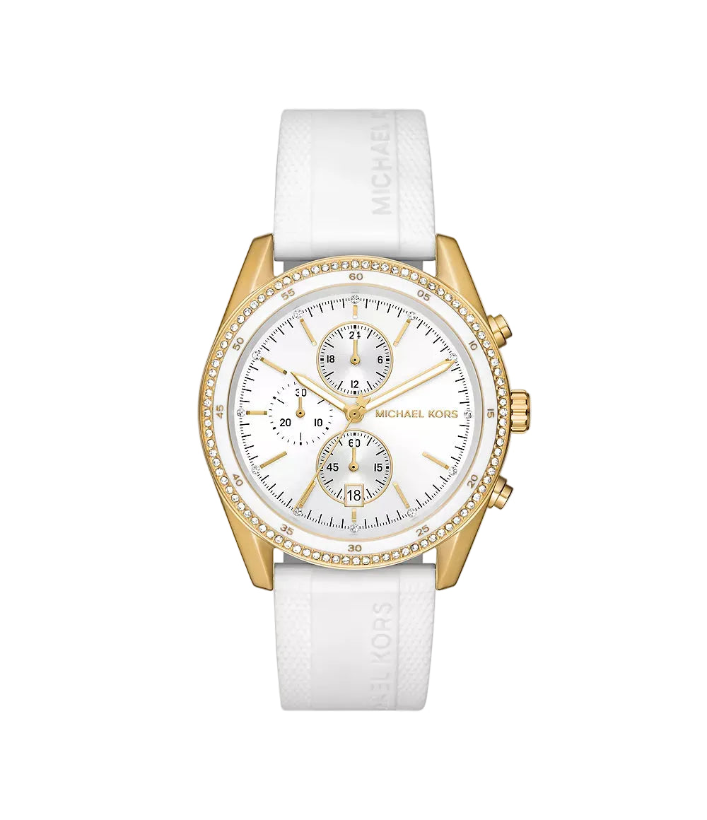 Michael Kors Hadyn MK7484 gold-tone chronograph watch with white silicone strap and pavé bezel