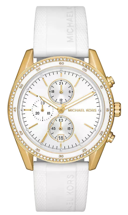 Michael Kors Hadyn MK7484 gold-tone chronograph watch with white silicone strap and pavé bezel
