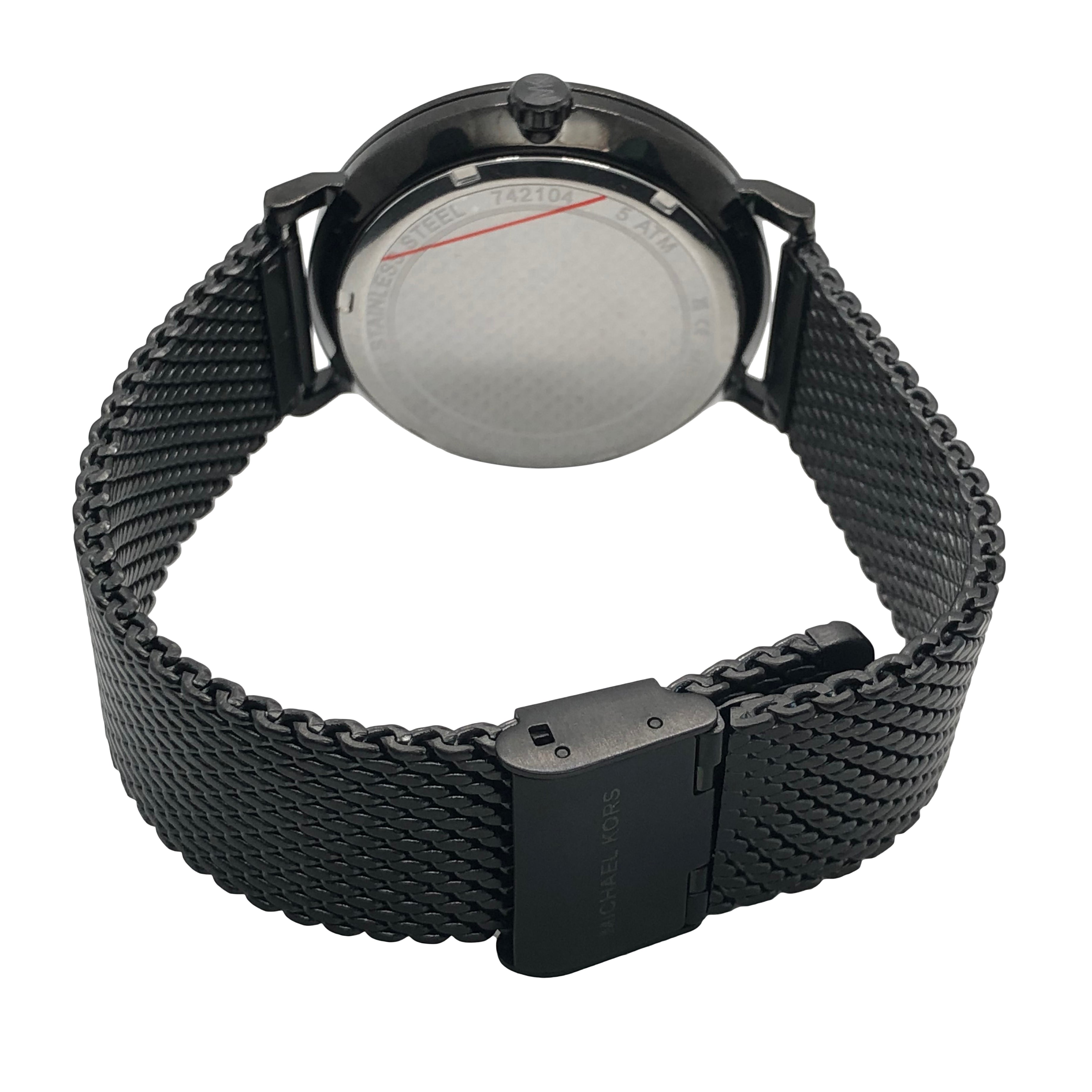 Michael Kors Irving watch caseback view with black mesh bracelet visible