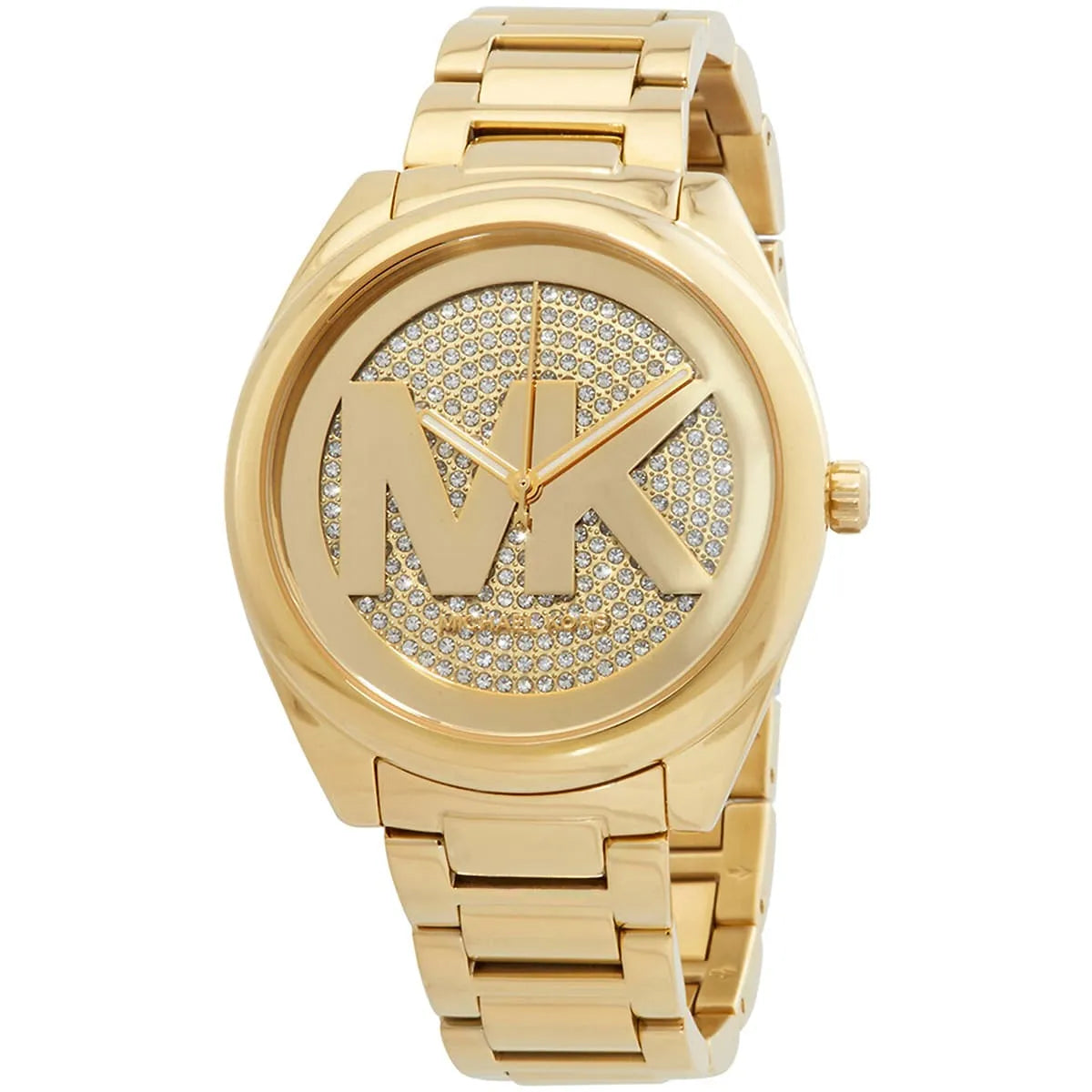 Michael Kors Janelle watch three-quarter view showing gold-tone case and crystal dial