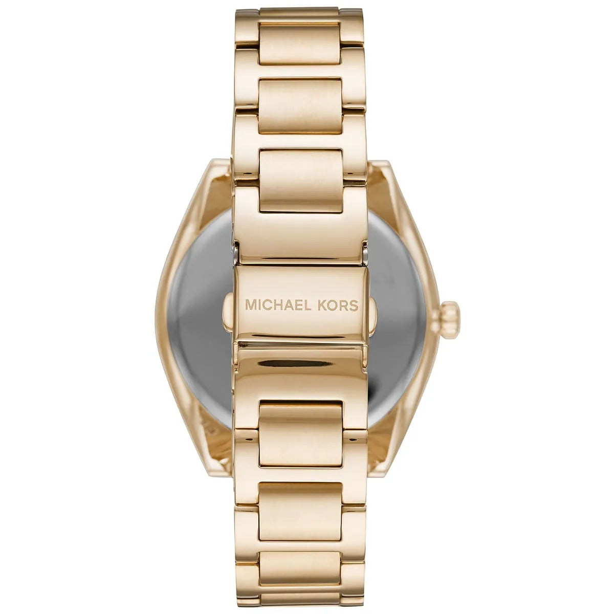 Michael Kors Janelle MK7088 caseback showing gold-tone stainless steel with MK logo