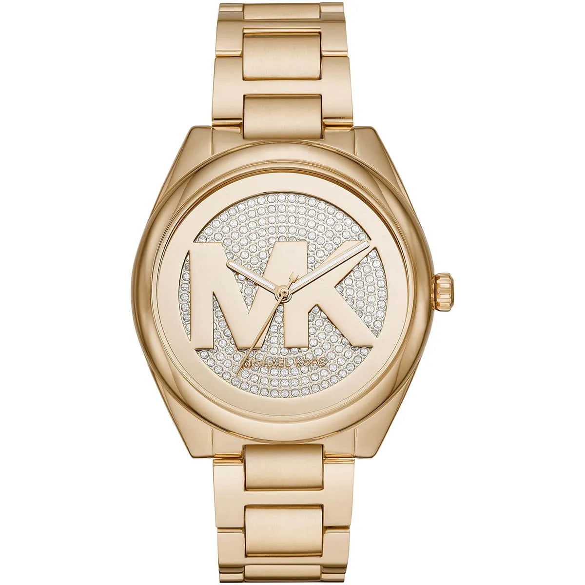 Michael Kors Janelle MK7088 gold-tone watch with pave crystal dial and metal bracelet