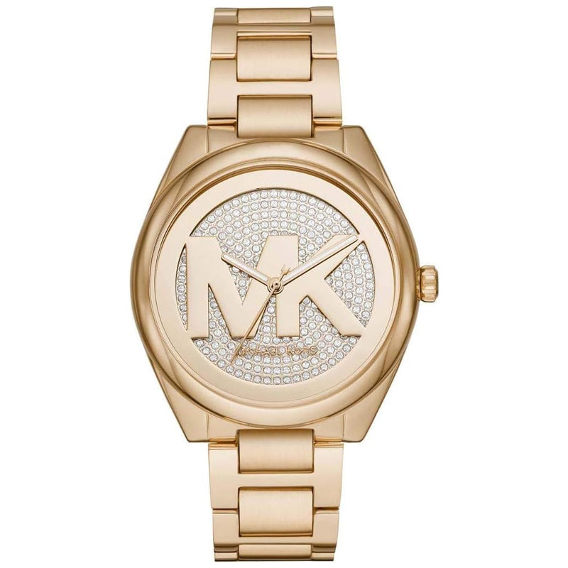 Michael Kors Janelle watch with gold-tone case and crystal-paved dial featuring MK logo