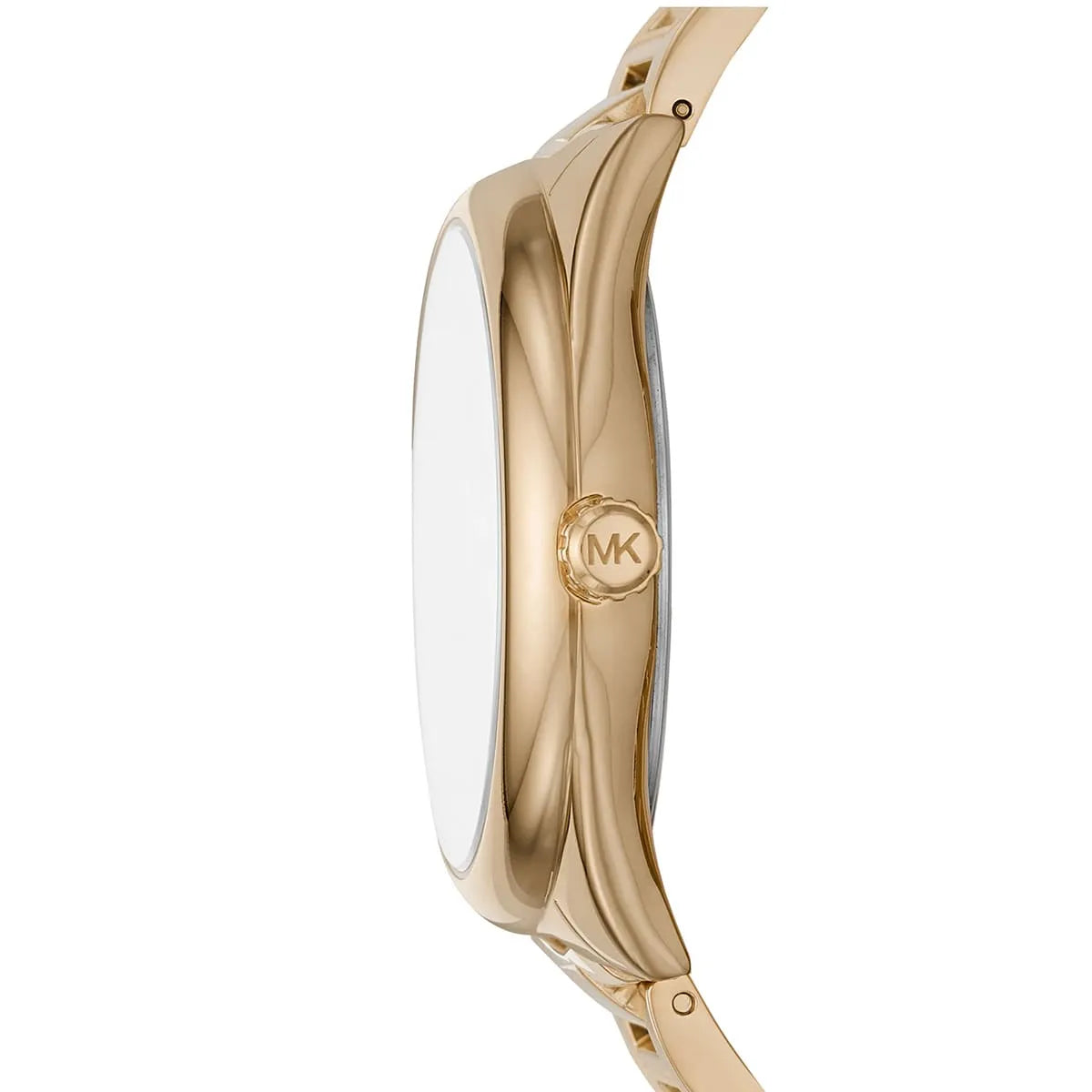 Michael Kors Janelle watch side view with MK logo visible on case and bracelet