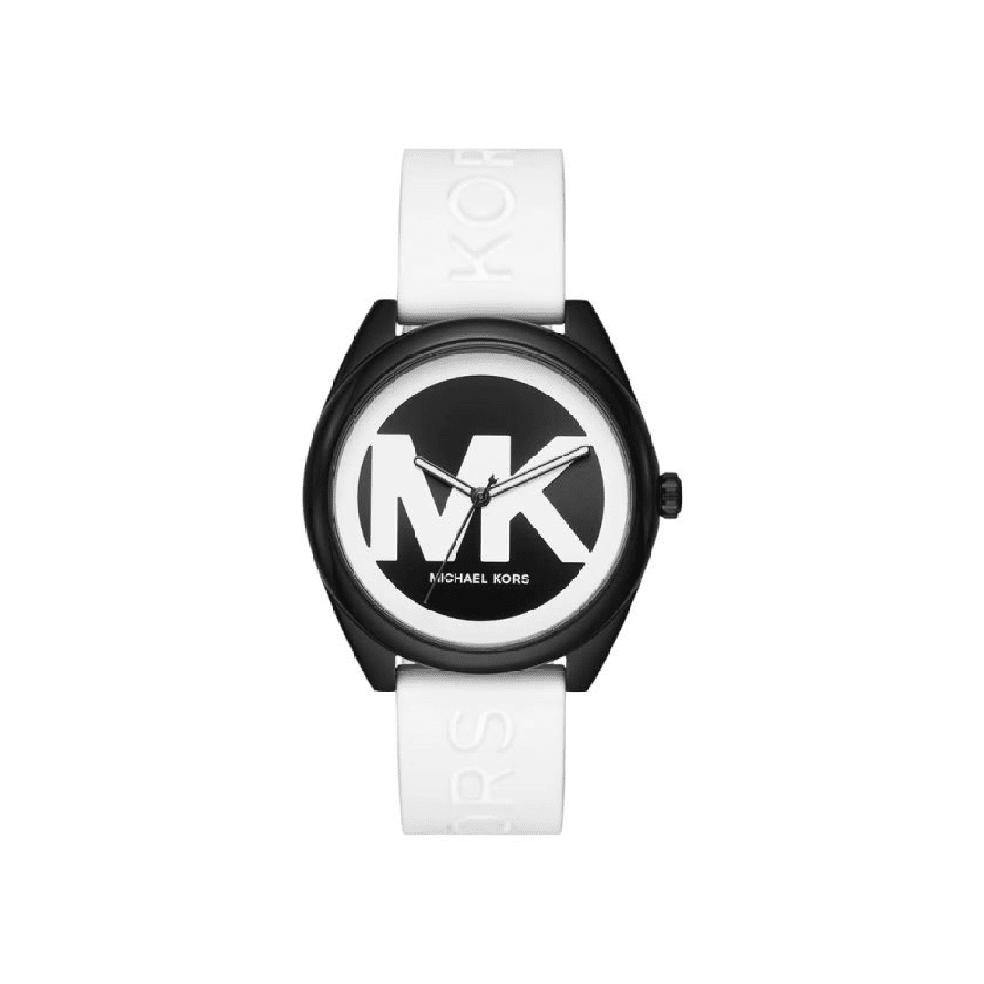 Michael Kors Janelle women's watch with black case, black dial featuring MK logo, and white rubber strap