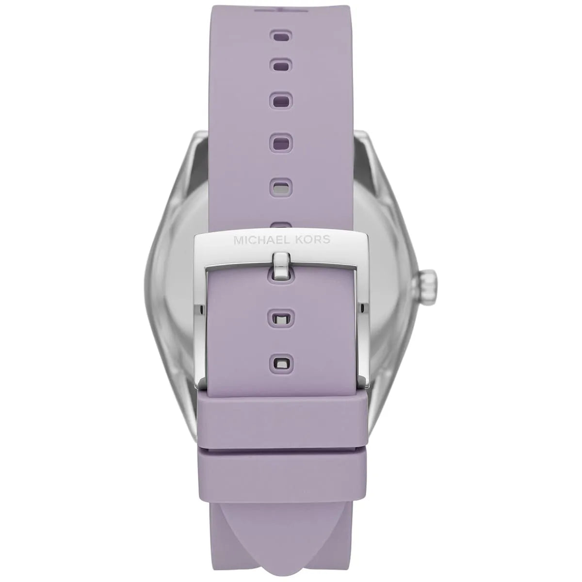 Caseback of Michael Kors Janelle MK7143 showing purple rubber strap with clasp