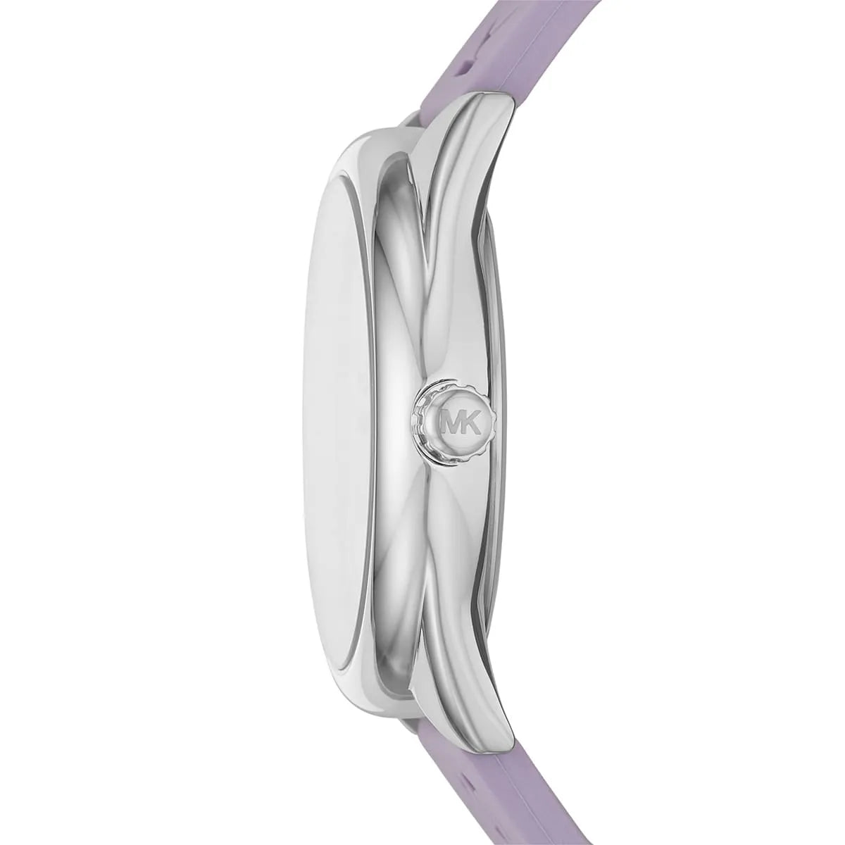 Side view of Michael Kors Janelle MK7143 stainless steel case with purple strap