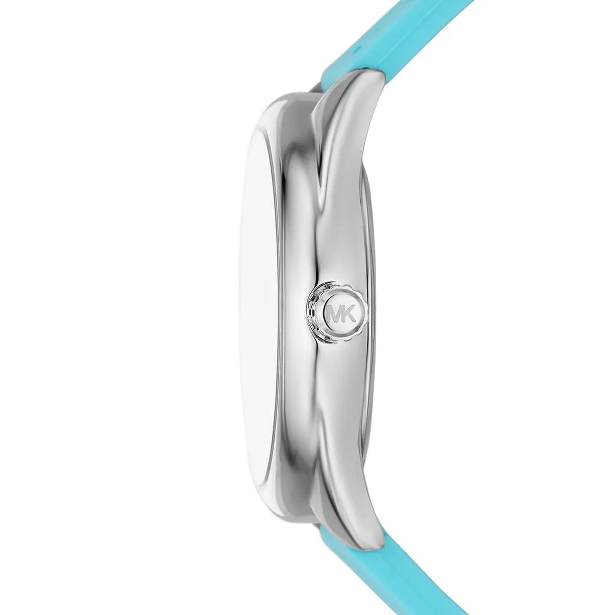 Michael Kors Janelle MK7350 side profile showing silver case thickness with turquoise strap