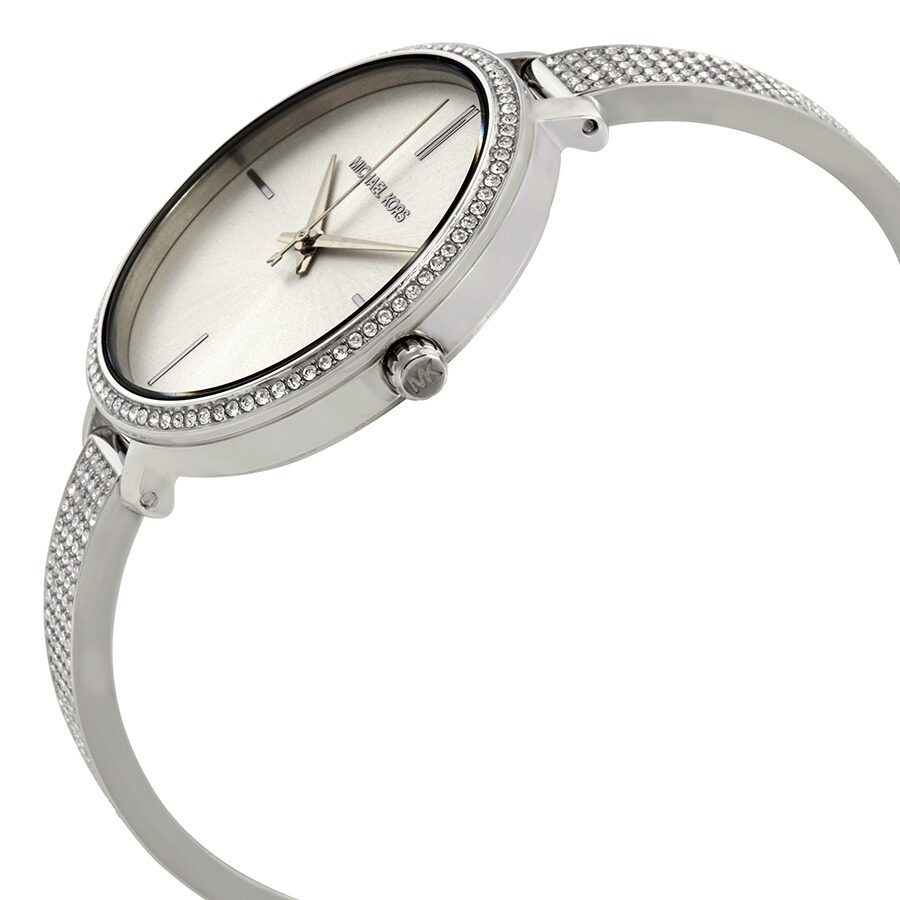 Michael Kors Jaryn watch side view showing silver bracelet and crystal bezel detail