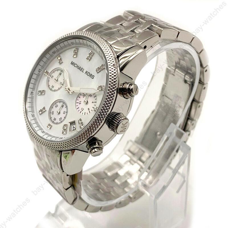 Michael Kors Jet Set Chronograph watch shown from angle with visible chronograph subdials