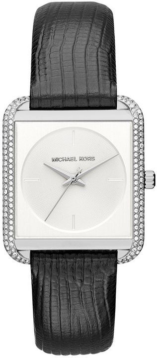 Michael Kors Kempton MK2583 silver-tone square watch with crystal bezel and black leather strap