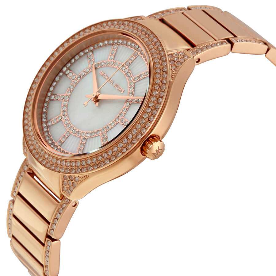 Michael Kors Kerry watch shown at angle with rose gold bracelet and diamond-set case