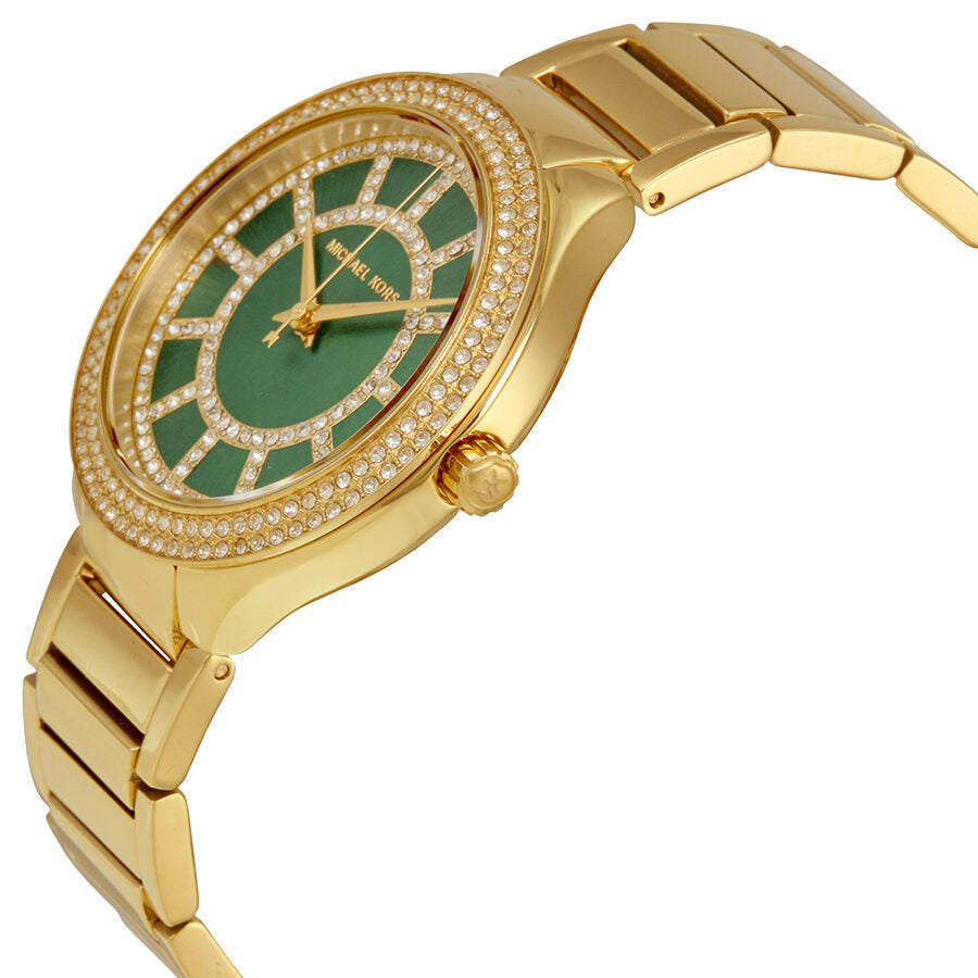 Michael Kors Kerry watch side angle showing green dial and gold-tone stainless steel bracelet