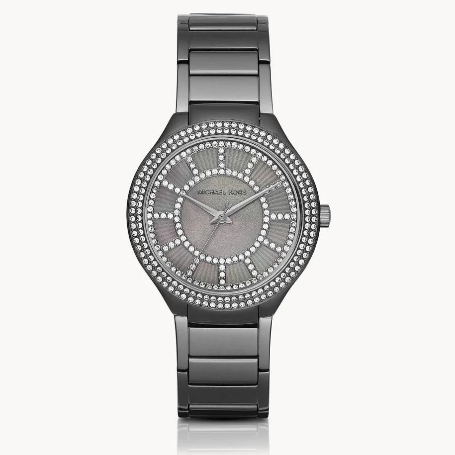 Michael Kors Kerry women's watch with gunmetal dial, crystal bezel, and steel bracelet