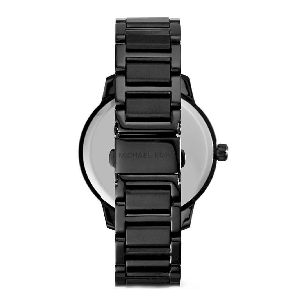 Back view of Michael Kors Kinley watch showing case back and black metal band
