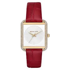 Michael Kors Lake Glitz watch with square crystal-set case, white dial, and red leather strap