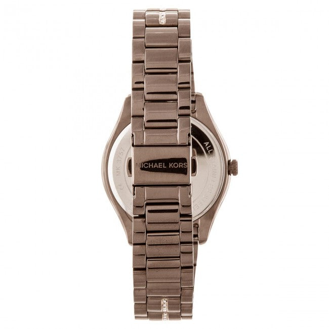 Michael Kors Lauryn MK3757 caseback view showing brown steel bracelet and clasp