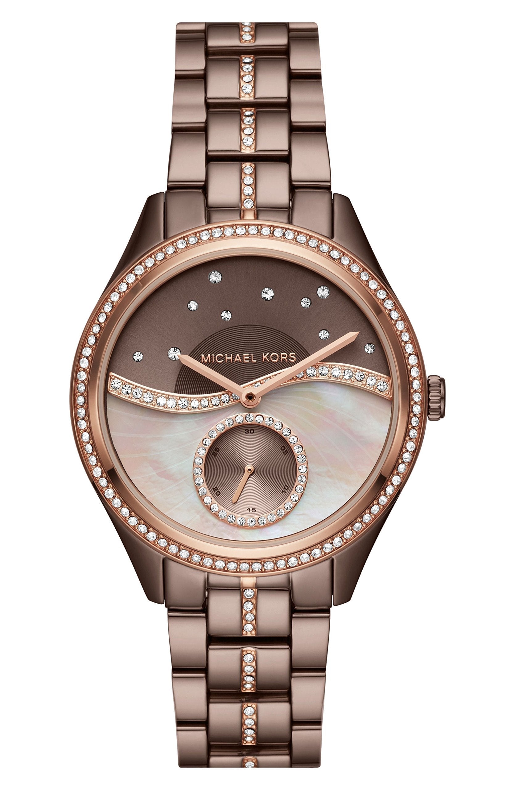 Michael Kors Lauryn MK3757 rose gold dial watch with crystal bezel and brown steel bracelet