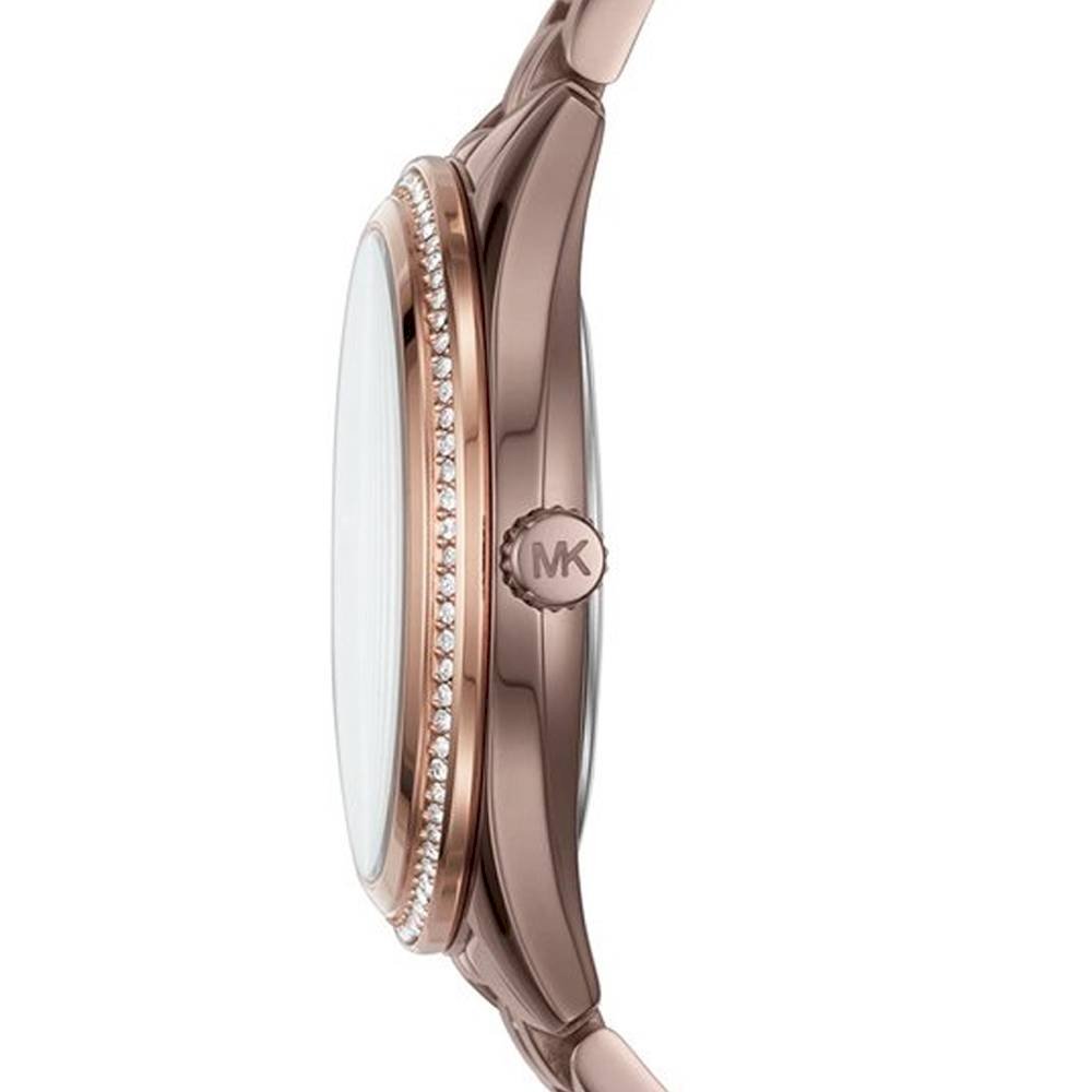 Michael Kors Lauryn MK3757 profile view with rose gold and brown steel case