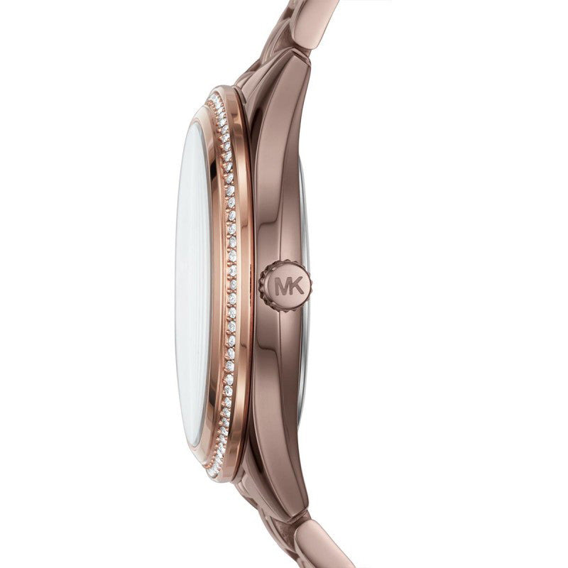 Michael Kors Lauryn MK3757 side view showing crystal-set bezel and case depth