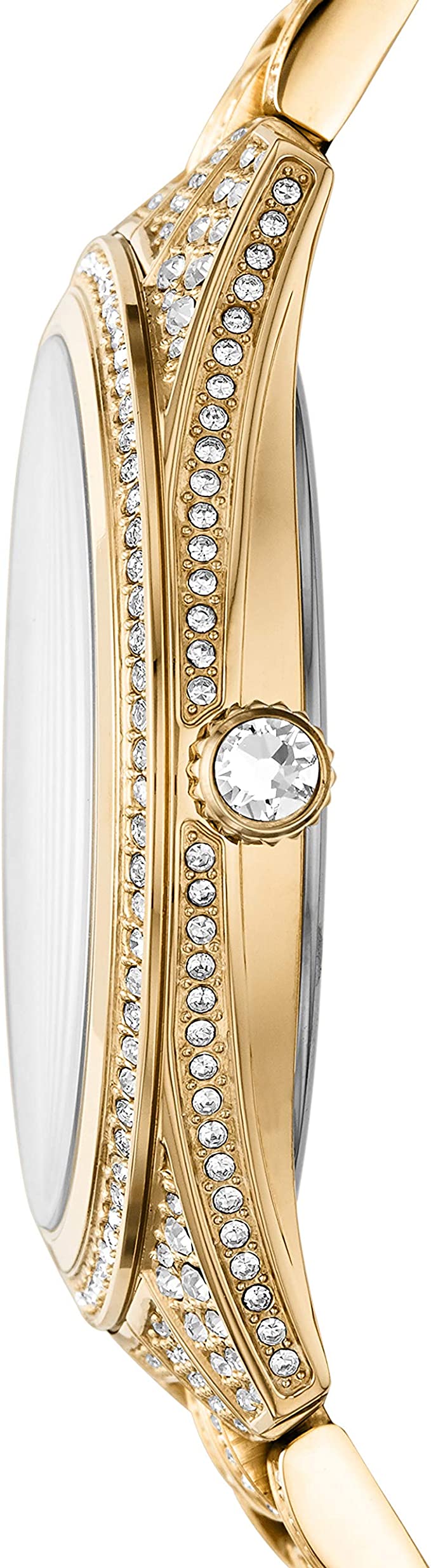 Side profile of Michael Kors Lauryn watch showing gold-tone case with crystal detail
