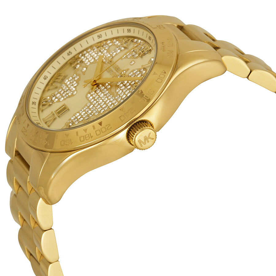 Michael Kors Layton watch side view showing gold-tone case, pave dial, and three-link bracelet