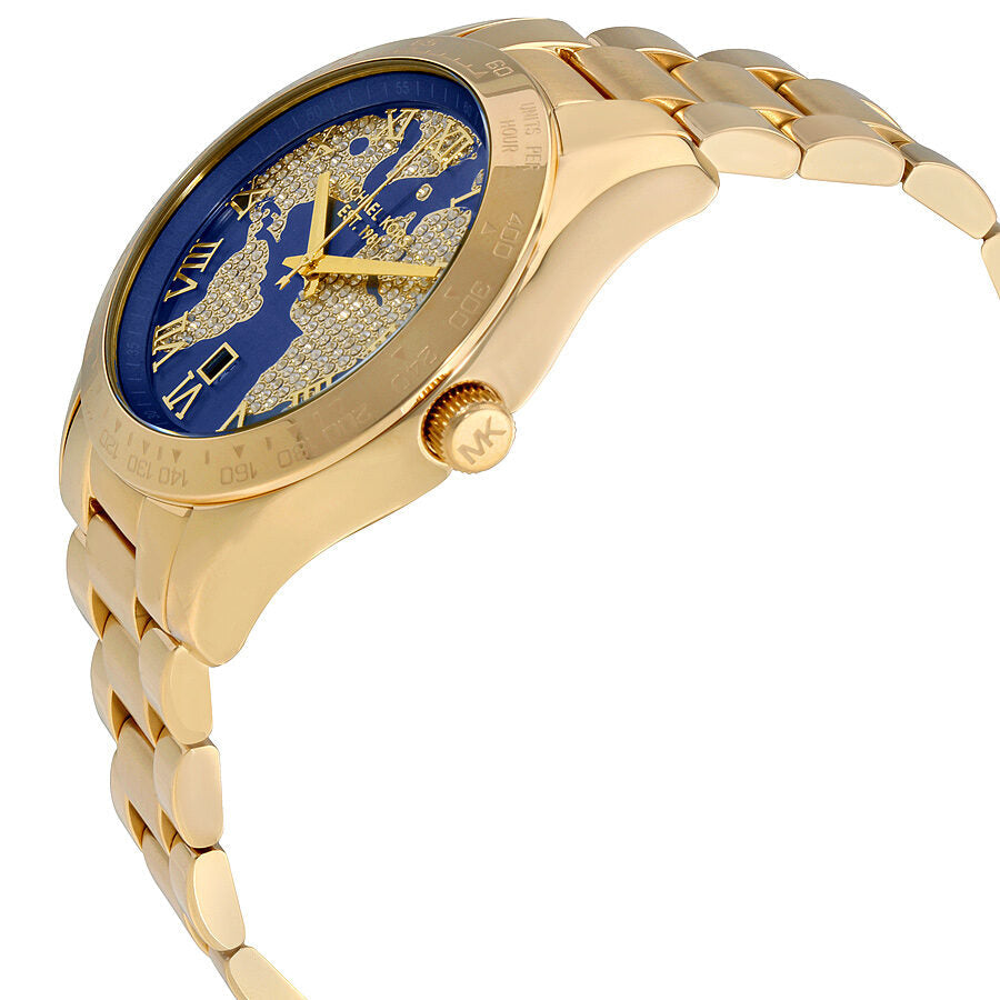 Michael Kors Layton MK6243 watch angled view showing dial detail and gold-tone bracelet side profile