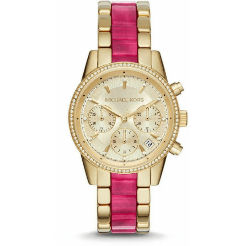 Michael Kors Layton Chronograph MK6517 gold-tone and pink stainless steel watch with crystal bezel