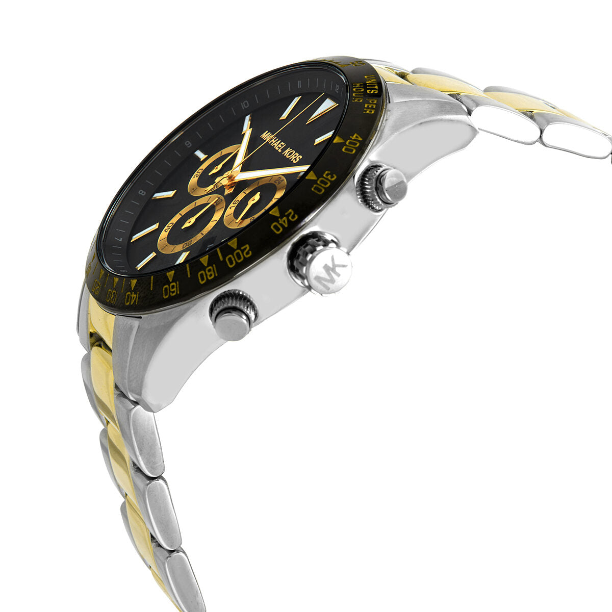 Side angle view of Michael Kors Layton chronograph showing case profile and mixed metal bracelet