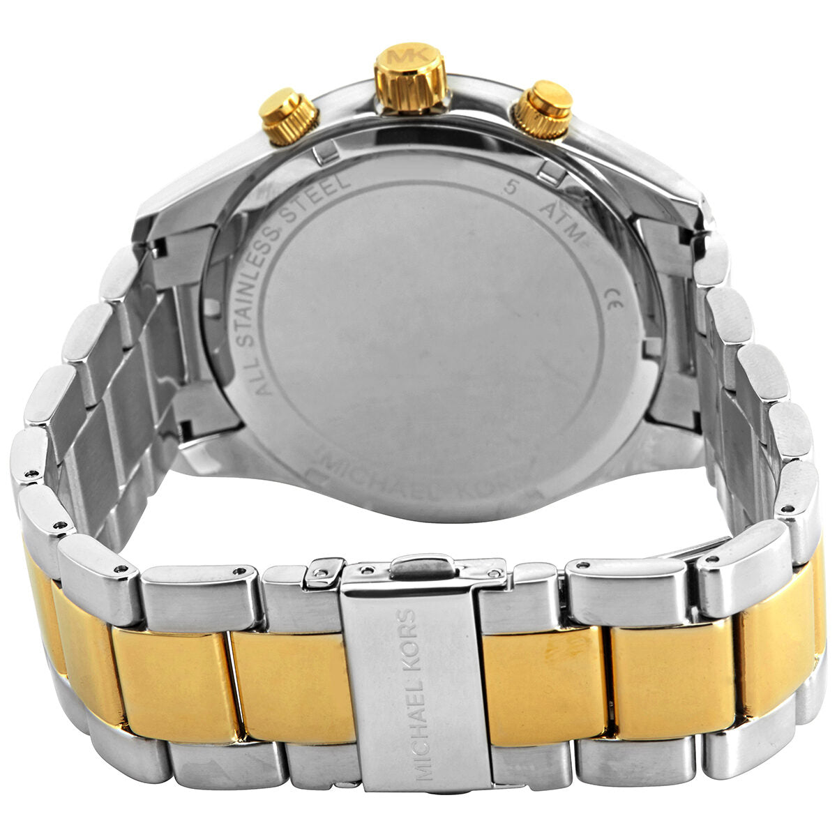Rear view of Michael Kors Layton watch showing caseback and two-tone stainless steel bracelet