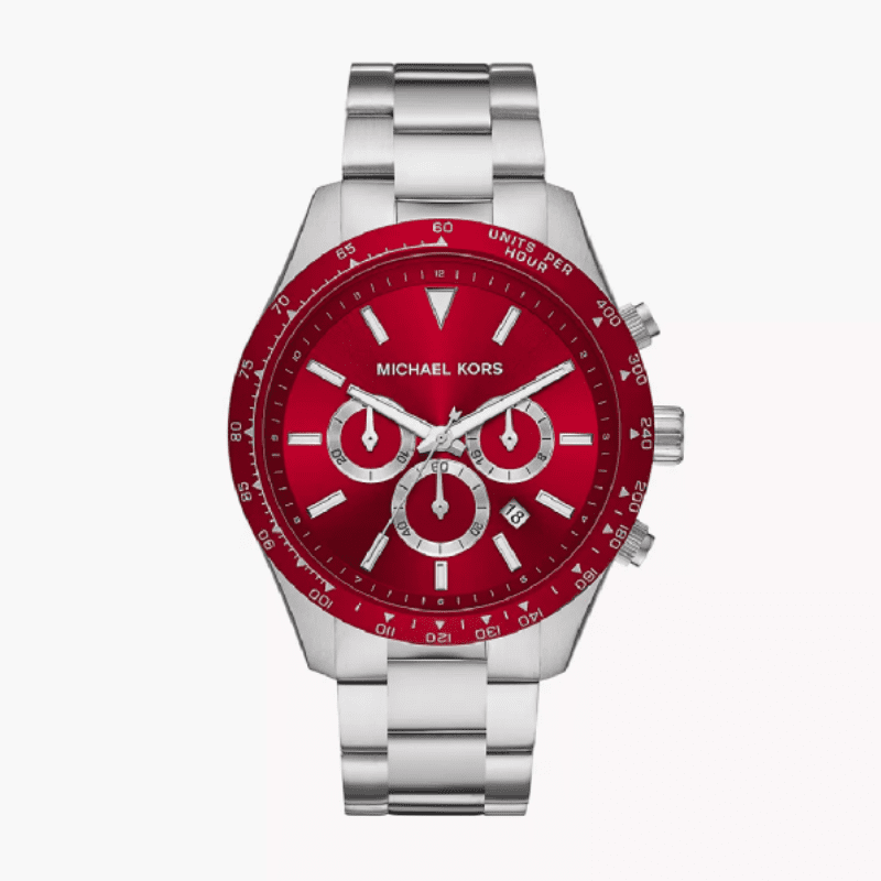 Michael Kors Layton MK8822 chronograph watch with red dial and silver steel bracelet