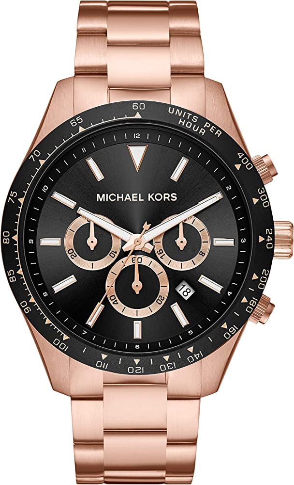 Michael Kors Layton rose gold chronograph watch with black dial and three subdials