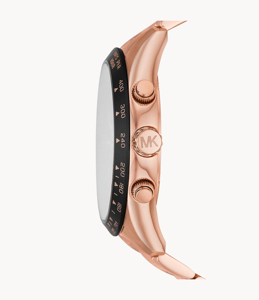 Michael Kors Layton watch side view showing rose gold case and chronograph pushers
