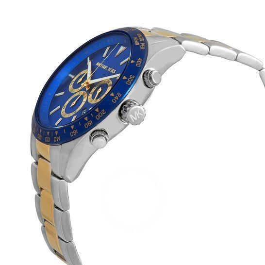 Side angle view of Michael Kors Layton watch showing two-tone bracelet and chronograph subdials
