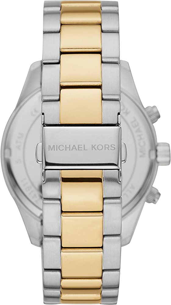 Michael Kors Layton watch caseback showing two-tone stainless steel bracelet and deployment