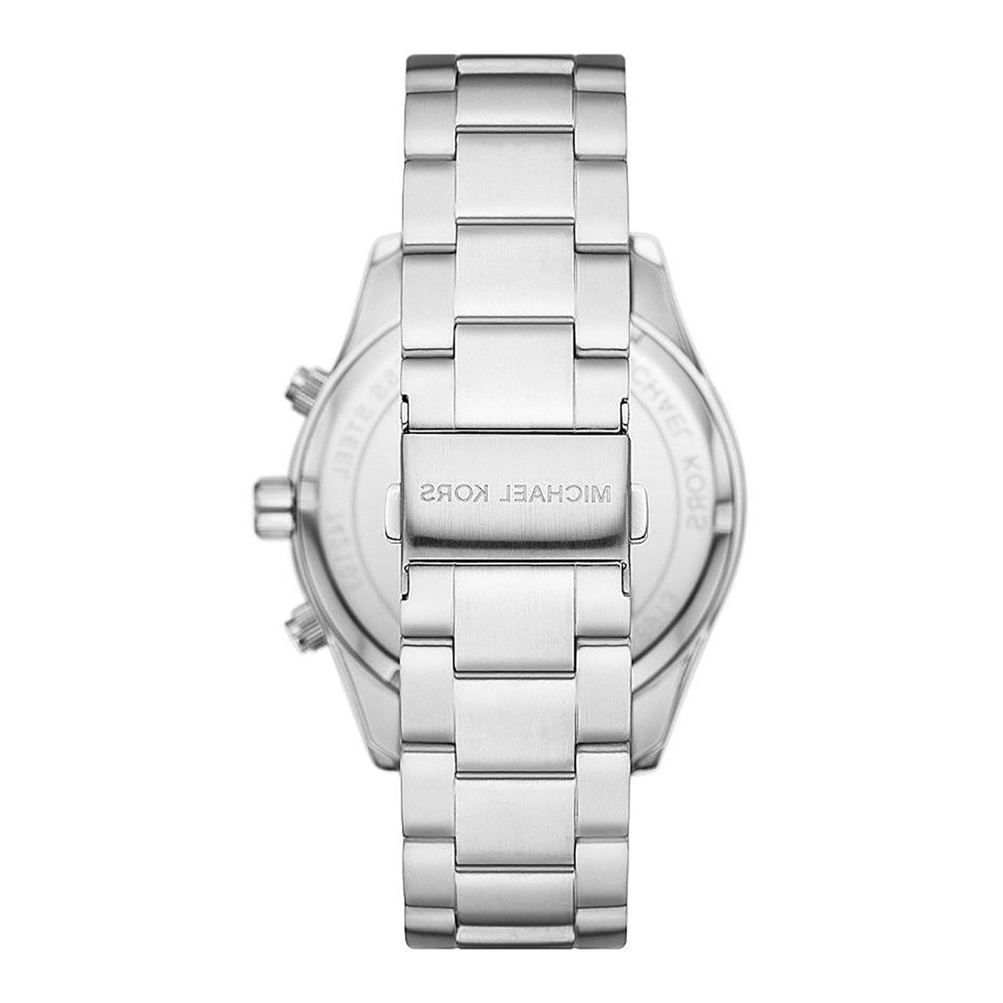 Michael Kors Layton watch caseback showing stainless steel bracelet and engraved branding