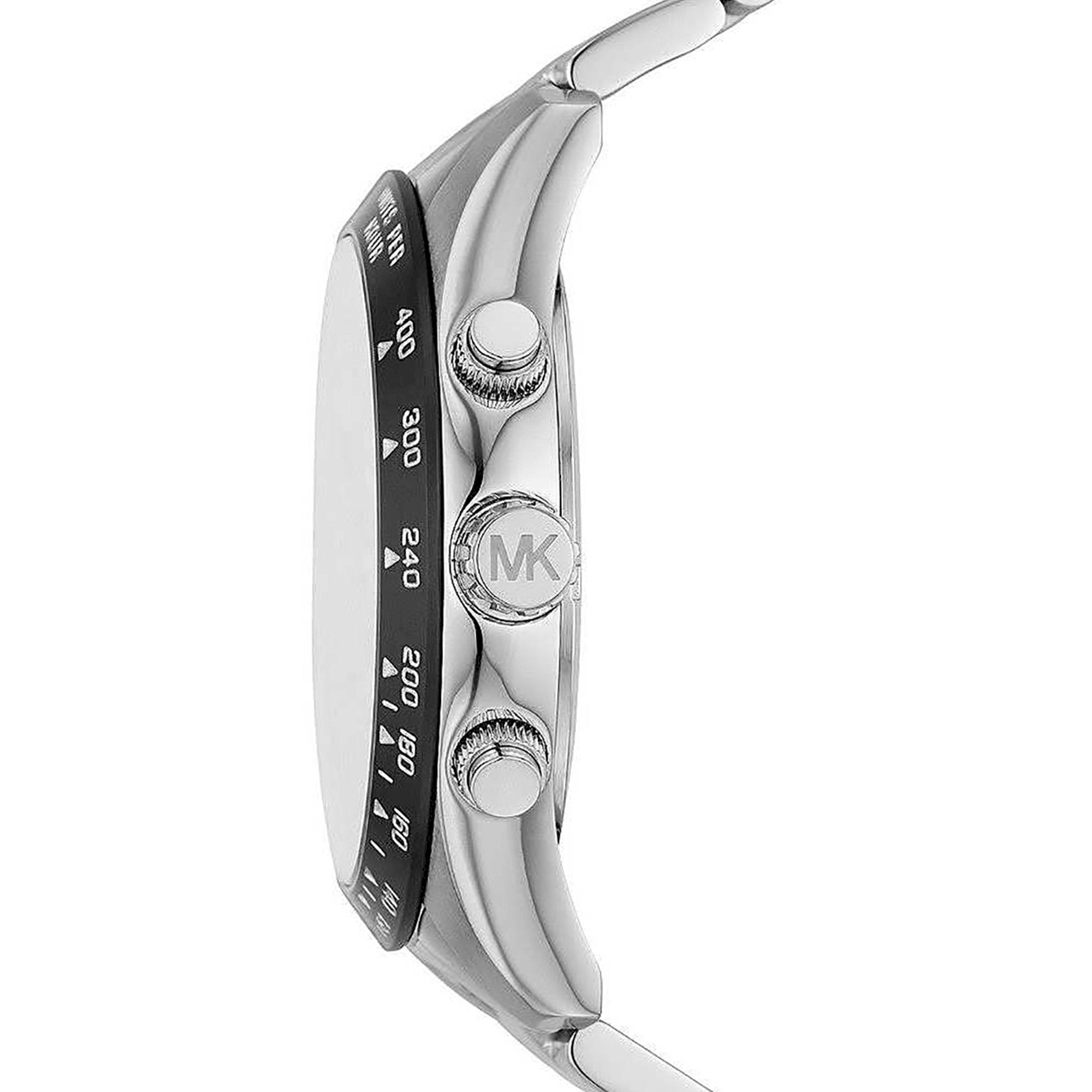Side view of Michael Kors Layton watch showing chronograph pushers and bracelet profile