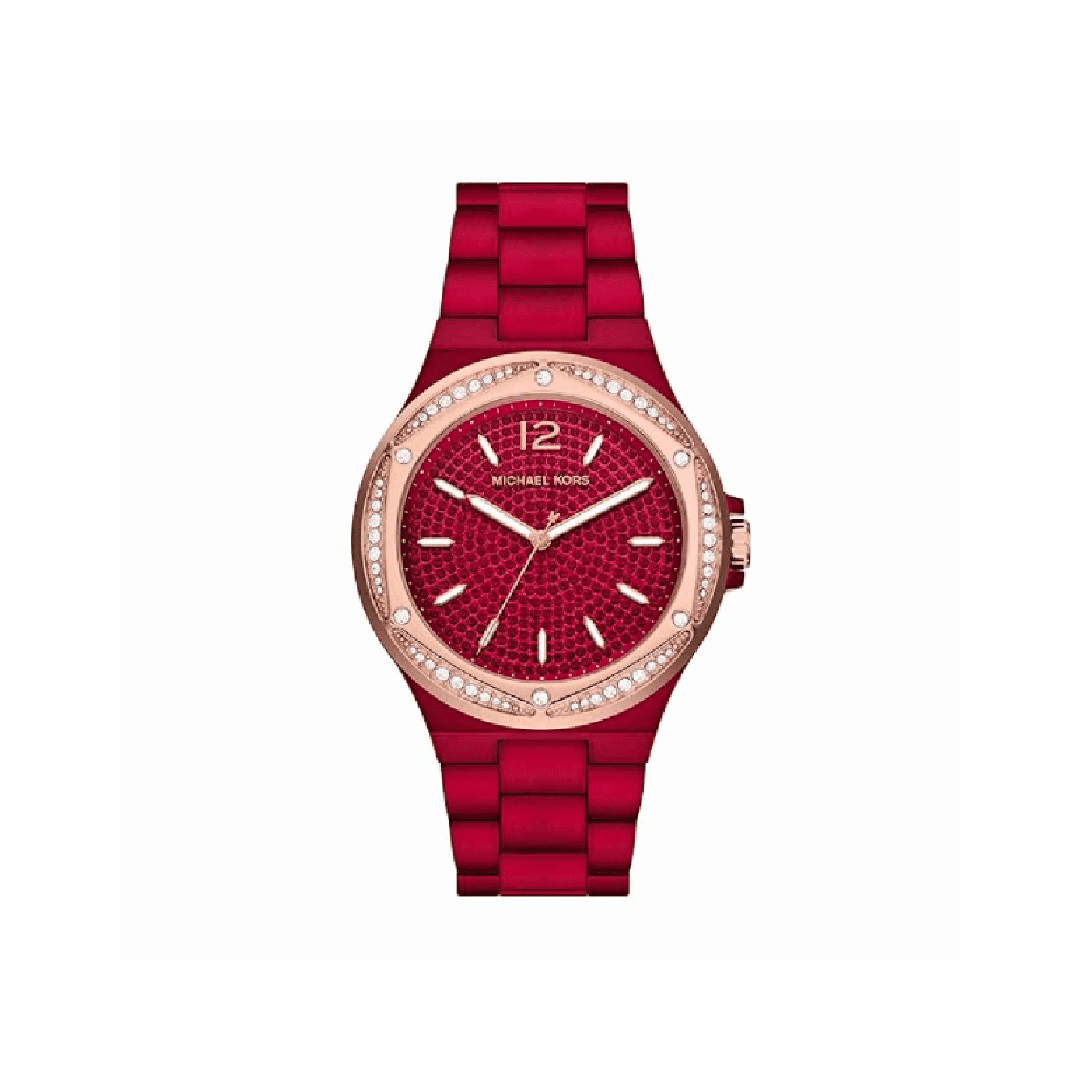 Michael Kors Lennox burgundy analog watch with crystal bezel and silicone band