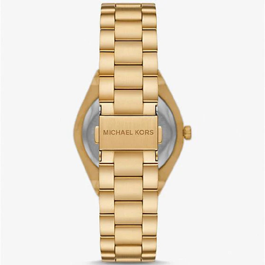 Michael Kors Lennox gold watch showing case back and link bracelet strap
