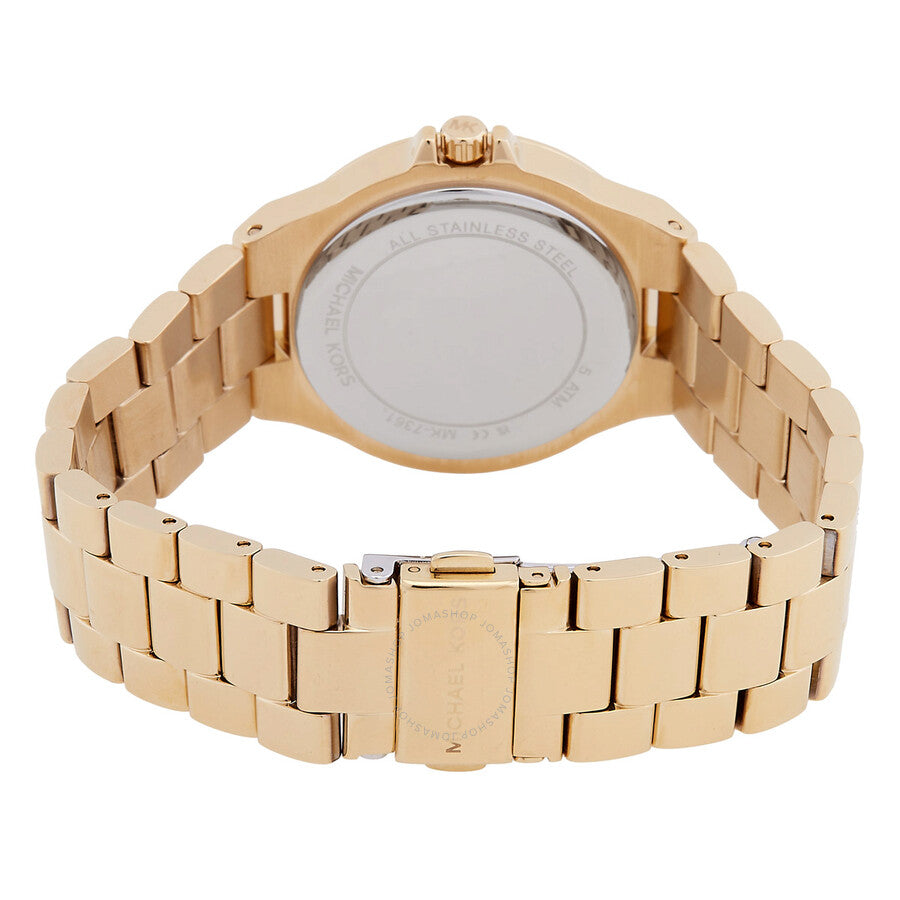 Back case view of Michael Kors Lennox watch showing stainless steel bracelet