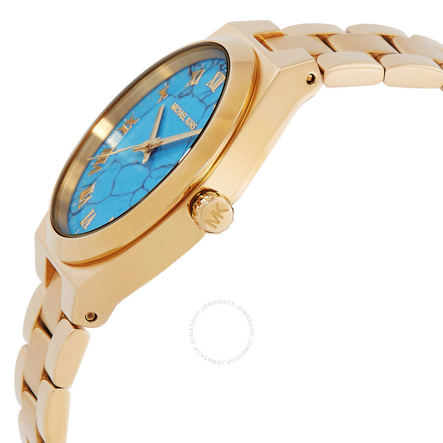 Side angle view of Lennox watch showing gold-tone case and blue dial