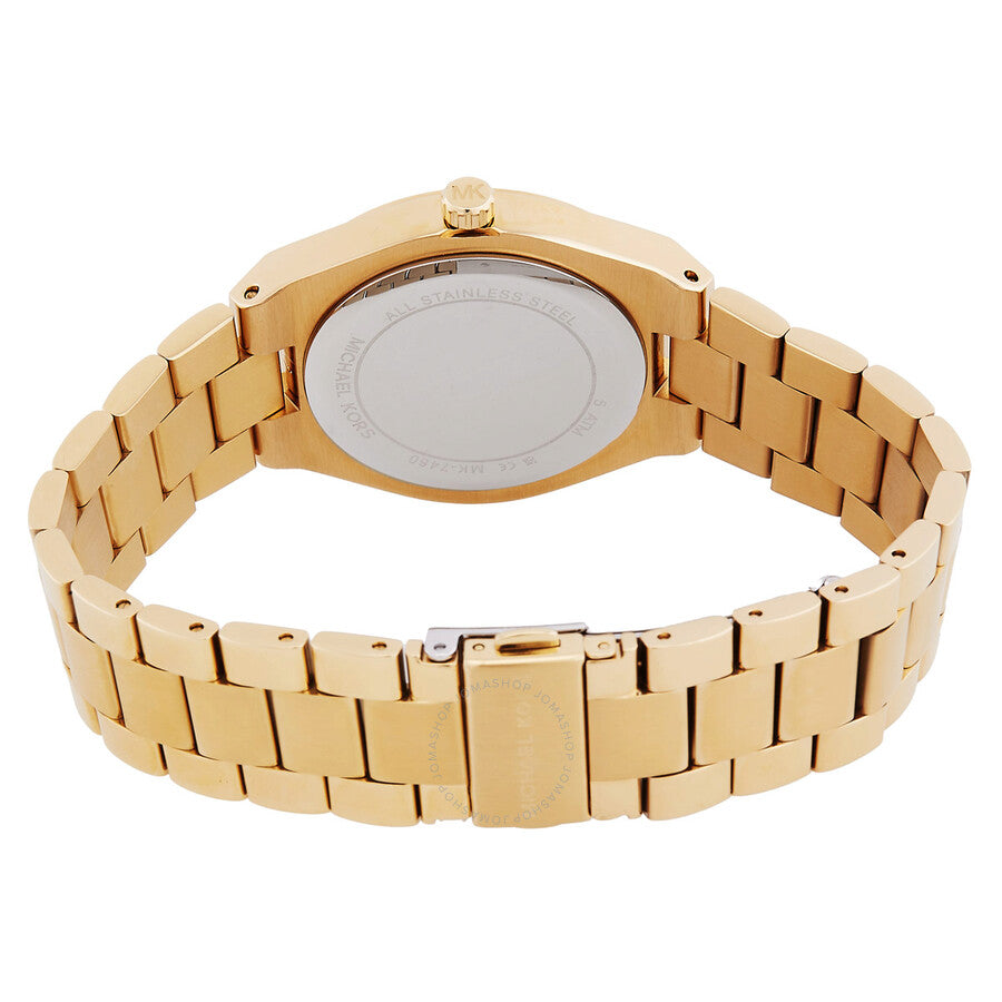 Caseback view of Michael Kors Lennox watch with gold-tone metal bracelet
