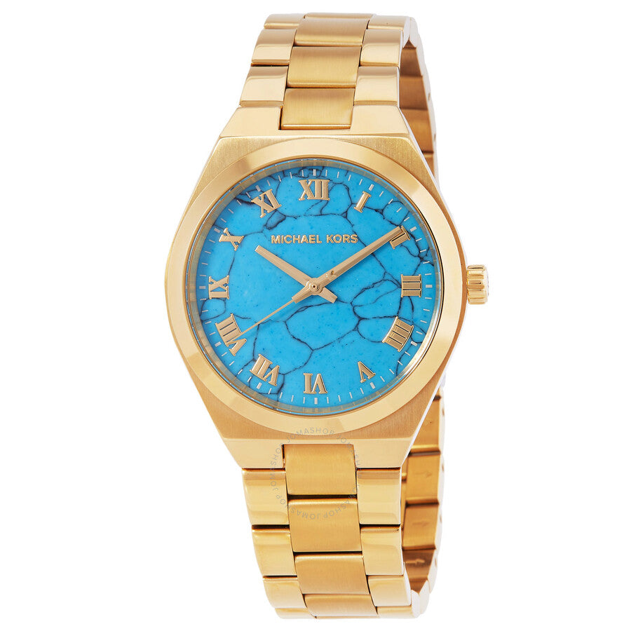 Michael Kors Lennox gold-tone watch with blue dial and Roman numerals