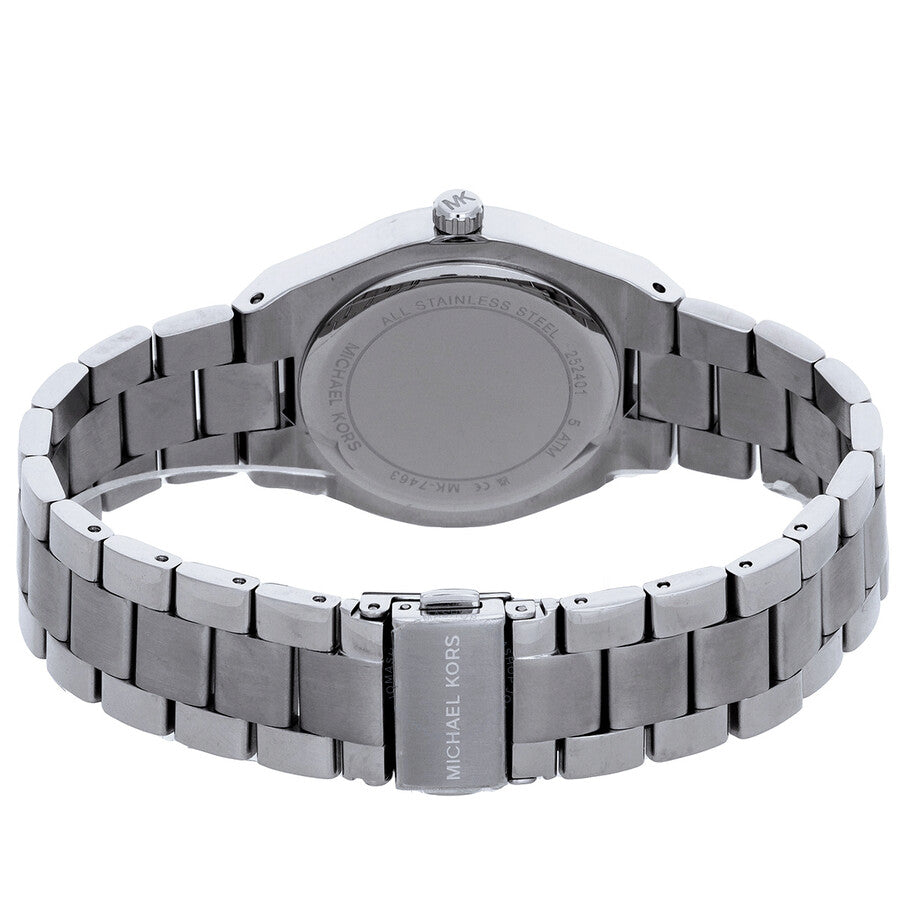 Michael Kors Lennox watch case back showing stainless steel construction